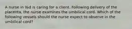 A nurse in l&d is caring for a client. Following delivery of the placenta, the nurse examines the umbilical cord. Which of the following vessels should the nurse expect to observe in the umbilical cord?