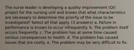 The nurse leader is developing a quality improvement (QI) project for the nursing unit and knows that what characteristics are necessary to determine the priority of the issue to be investigated? Select all that apply. (3 answers) a. Failure in performance is known to occur infrequently. b. The problem itself occurs frequently. c. The problem has at some time caused serious consequences to health. d. The problem has caused issues that are costly. e. The problem may be very difficult to fix.