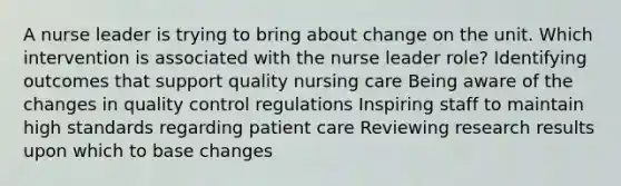 A nurse leader is trying to bring about change on the unit. Which intervention is associated with the nurse leader role? Identifying outcomes that support quality nursing care Being aware of the changes in quality control regulations Inspiring staff to maintain high standards regarding patient care Reviewing research results upon which to base changes