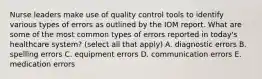 Nurse leaders make use of quality control tools to identify various types of errors as outlined by the IOM report. What are some of the most common types of errors reported in today's healthcare system? (select all that apply) A. diagnostic errors B. spelling errors C. equipment errors D. communication errors E. medication errors