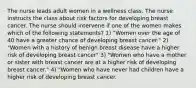 The nurse leads adult women in a wellness class. The nurse instructs the class about risk factors for developing breast cancer. The nurse should intervene if one of the women makes which of the following statements? 1) "Women over the age of 40 have a greater chance of developing breast cancer." 2) "Women with a history of benign breast disease have a higher risk of developing breast cancer" 3) "Women who have a mother or sister with breast cancer are at a higher risk of developing breast cancer." 4) "Women who have never had children have a higher risk of developing breast cancer.