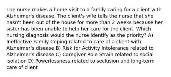 The nurse makes a home visit to a family caring for a client with Alzheimer's disease. The client's wife tells the nurse that she hasn't been out of the house for more than 2 weeks because her sister has been unable to help her care for the client. Which nursing diagnosis would the nurse identify as the priority? A) Ineffective Family Coping related to care of a client with Alzheimer's disease B) Risk for Activity Intolerance related to Alzheimer's disease C) Caregiver Role Strain related to social isolation D) Powerlessness related to seclusion and long-term care of client