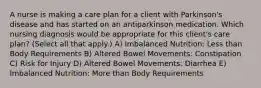 A nurse is making a care plan for a client with Parkinson's disease and has started on an antiparkinson medication. Which nursing diagnosis would be appropriate for this client's care plan? (Select all that apply.) A) Imbalanced Nutrition: Less than Body Requirements B) Altered Bowel Movements: Constipation C) Risk for Injury D) Altered Bowel Movements: Diarrhea E) Imbalanced Nutrition: More than Body Requirements