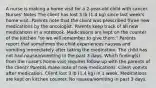 A nurse is making a home visit for a 2-year-old child with cancer. Nurses' Notes The client has lost 3 lb (1.4 kg) since last week's home visit. Parents note that the client was prescribed three new medications by the oncologist. Parents keep track of all new medications in a notebook. Medications are kept on the counter of the kitchen "so we will remember to give them." Parents report that sometimes the child experiences nausea and vomiting immediately after taking the medication. The child has not had nausea/vomiting in the past 3 days. Which finding(s) from the nurse's home visit requires follow-up with the parents of the client? Parents make note of new medications. Client vomits after medication. Client lost 3 lb (1.4 kg) in 1 week. Medications are kept on kitchen counter. No nausea/vomiting in past 3 days.