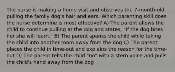 The nurse is making a home visit and observes the 7-month-old pulling the family dog's hair and ears. Which parenting skill does the nurse determine is most effective? A) The parent allows the child to continue pulling at the dog and states, "If the dog bites her she will learn." B) The parent spanks the child while taking the child into another room away from the dog C) The parent places the child in time-out and explains the reason for the time-out D) The parent tells the child "no" with a stern voice and pulls the child's hand away from the dog