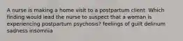 A nurse is making a home visit to a postpartum client. Which finding would lead the nurse to suspect that a woman is experiencing postpartum psychosis? feelings of guilt delirium sadness insomnia