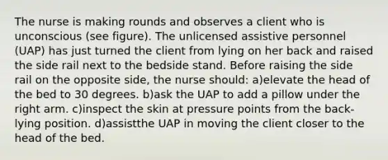 The nurse is making rounds and observes a client who is unconscious (see figure). The unlicensed assistive personnel (UAP) has just turned the client from lying on her back and raised the side rail next to the bedside stand. Before raising the side rail on the opposite side, the nurse should: a)elevate the head of the bed to 30 degrees. b)ask the UAP to add a pillow under the right arm. c)inspect the skin at pressure points from the back-lying position. d)assistthe UAP in moving the client closer to the head of the bed.