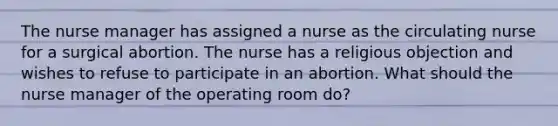 The nurse manager has assigned a nurse as the circulating nurse for a surgical abortion. The nurse has a religious objection and wishes to refuse to participate in an abortion. What should the nurse manager of the operating room do?