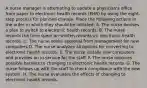 A nurse manager is attempting to update a physician's office from paper to electronic health records (EHR) by using the eight-step process for planned change. Place the following actions in the order in which they should be initiated: A. The nurse devises a plan to switch to electronic health records. B. The nurse records the time spent on written records vs. electronic health records. C. The nurse seeks approval from management for new computers D. The nurse analyzes all options for converting to electronic health records. E. The nurse installs new computers and provides an in-service for the staff. F. The nurse explores possible barriers to changing to electronic health records. G. The nurse follows up with the staff to check compliance with the new system. H. The nurse evaluates the effects of changing to electronic health records.