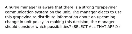 A nurse manager is aware that there is a strong "grapevine" communication system on the unit. The manager elects to use this grapevine to distribute information about an upcoming change in unit policy. In making this decision, the manager should consider which possibilities? (SELECT ALL THAT APPLY)