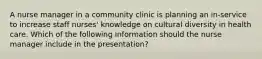 A nurse manager in a community clinic is planning an in-service to increase staff nurses' knowledge on cultural diversity in health care. Which of the following information should the nurse manager include in the presentation?