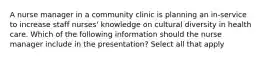 A nurse manager in a community clinic is planning an in-service to increase staff nurses' knowledge on cultural diversity in health care. Which of the following information should the nurse manager include in the presentation? Select all that apply