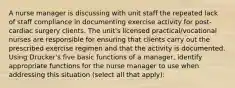 A nurse manager is discussing with unit staff the repeated lack of staff compliance in documenting exercise activity for post-cardiac surgery clients. The unit's licensed practical/vocational nurses are responsible for ensuring that clients carry out the prescribed exercise regimen and that the activity is documented. Using Drucker's five basic functions of a manager, identify appropriate functions for the nurse manager to use when addressing this situation (select all that apply):