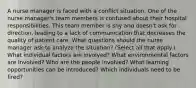 A nurse manager is faced with a conflict situation. One of the nurse manager's team members is confused about their hospital responsibilities. This team member is shy and doesn't ask for direction, leading to a lack of communication that decreases the quality of patient care. What questions should the nurse manager ask to analyze the situation? (Select all that apply.) What individual factors are involved? What environmental factors are involved? Who are the people involved? What learning opportunities can be introduced? Which individuals need to be fired?