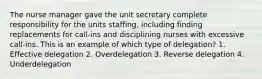 The nurse manager gave the unit secretary complete responsibility for the units staffing, including finding replacements for call-ins and disciplining nurses with excessive call-ins. This is an example of which type of delegation? 1. Effective delegation 2. Overdelegation 3. Reverse delegation 4. Underdelegation