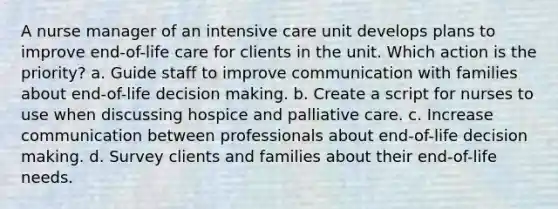 A nurse manager of an intensive care unit develops plans to improve end-of-life care for clients in the unit. Which action is the priority? a. Guide staff to improve communication with families about end-of-life decision making. b. Create a script for nurses to use when discussing hospice and palliative care. c. Increase communication between professionals about end-of-life decision making. d. Survey clients and families about their end-of-life needs.