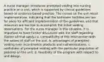 A nurse manager introduces prompted voiding into nursing practice on a unit, which is supported by clinical guidelines based on evidence-based practice. The nurses on the unit resist implementation, indicating that the bathroom facilities are too far away for efficient implementation of the guidelines, and that resources are too few to accomplish the initial voiding observations. For the nurse manager in this situation, it is important to have further discussion with the staff regarding: (Select all that apply.) a. compatibility of this intervention with the values of staff on the unit. b. advantages of prompted voiding over incontinence products and catheterizations. c. usefulness of prompted voiding with the particular population of patients on the unit. d. feasibility of the program with respect to unit design.