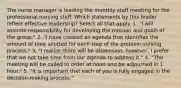 The nurse manager is leading the monthly staff meeting for the professional nursing staff. Which statements by this leader reflect effective leadership? Select all that apply. 1. "I will assume responsibility for developing the mission and goals of the group." 2. "I have created an agenda that identifies the amount of time allotted for each step of the problem-solving process." 3. "I realize there will be dissension; however, I prefer that we not take time from our agenda to address it." 4. "The meeting will be called to order at noon and be adjourned in 1 hour." 5. "It is important that each of you is fully engaged in the decision-making process."