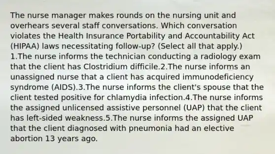 The nurse manager makes rounds on the nursing unit and overhears several staff conversations. Which conversation violates the Health Insurance Portability and Accountability Act (HIPAA) laws necessitating follow-up? (Select all that apply.) 1.The nurse informs the technician conducting a radiology exam that the client has Clostridium difficile.2.The nurse informs an unassigned nurse that a client has acquired immunodeficiency syndrome (AIDS).3.The nurse informs the client's spouse that the client tested positive for chlamydia infection.4.The nurse informs the assigned unlicensed assistive personnel (UAP) that the client has left-sided weakness.5.The nurse informs the assigned UAP that the client diagnosed with pneumonia had an elective abortion 13 years ago.