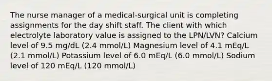 The nurse manager of a medical-surgical unit is completing assignments for the day shift staff. The client with which electrolyte laboratory value is assigned to the LPN/LVN? Calcium level of 9.5 mg/dL (2.4 mmol/L) Magnesium level of 4.1 mEq/L (2.1 mmol/L) Potassium level of 6.0 mEq/L (6.0 mmol/L) Sodium level of 120 mEq/L (120 mmol/L)