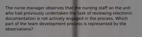 The nurse manager observes that the nursing staff on the unit who had previously undertaken the task of reviewing electronic documentation is not actively engaged in the process. Which part of the team development process is represented by the observations?