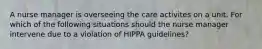 A nurse manager is overseeing the care activites on a unit. For which of the following situations should the nurse manager intervene due to a violation of HIPPA guidelines?