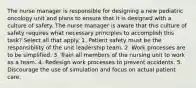 The nurse manager is responsible for designing a new pediatric oncology unit and plans to ensure that it is designed with a culture of safety. The nurse manager is aware that this culture of safety requires what necessary principles to accomplish this task? Select all that apply. 1. Patient safety must be the responsibility of the unit leadership team. 2. Work processes are to be simplified. 3. Train all members of the nursing unit to work as a team. 4. Redesign work processes to prevent accidents. 5. Discourage the use of simulation and focus on actual patient care.