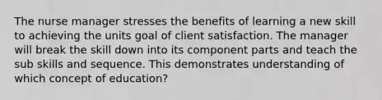 The nurse manager stresses the benefits of learning a new skill to achieving the units goal of client satisfaction. The manager will break the skill down into its component parts and teach the sub skills and sequence. This demonstrates understanding of which concept of education?