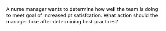 A <a href='https://www.questionai.com/knowledge/kdQ0QHEJmc-nurse-manager' class='anchor-knowledge'>nurse manager</a> wants to determine how well the team is doing to meet goal of increased pt satisfcation. What action should the manager take after determining best practices?