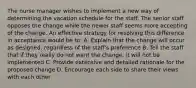 The nurse manager wishes to implement a new way of determining the vacation schedule for the staff. The senior staff opposes the change while the newer staff seems more accepting of the change. An effective strategy for resolving this difference in acceptance would be to: A. Explain that the change will occur as designed, regardless of the staff's preference B. Tell the staff that if they really do not want the change, it will not be implemented C. Provide extensive and detailed rationale for the proposed change D. Encourage each side to share their views with each other