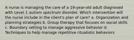 A nurse is managing the care of a 19-year-old adult diagnosed with Level 1 autism spectrum disorder. Which intervention will the nurse include in the client's plan of care? a. Organization and planning strategies b. Group therapy that focuses on social skills c. Boundary setting to manage aggressive behavior d. Techniques to help manage repetitive ritualistic behaviors