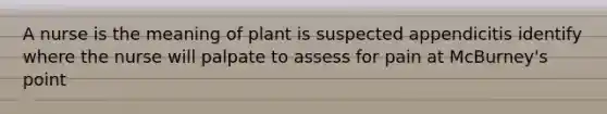 A nurse is the meaning of plant is suspected appendicitis identify where the nurse will palpate to assess for pain at McBurney's point