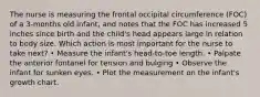 The nurse is measuring the frontal occipital circumference (FOC) of a 3-months old infant, and notes that the FOC has increased 5 inches since birth and the child's head appears large in relation to body size. Which action is most important for the nurse to take next? • Measure the infant's head-to-toe length. • Palpate the anterior fontanel for tension and bulging • Observe the infant for sunken eyes. • Plot the measurement on the infant's growth chart.