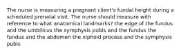 The nurse is measuring a pregnant client's fundal height during a scheduled prenatal visit. The nurse should measure with reference to what anatomical landmarks? the edge of the fundus and the umbilicus the symphysis pubis and the fundus the fundus and the abdomen the xiphoid process and the symphysis pubis