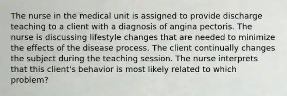 The nurse in the medical unit is assigned to provide discharge teaching to a client with a diagnosis of angina pectoris. The nurse is discussing lifestyle changes that are needed to minimize the effects of the disease process. The client continually changes the subject during the teaching session. The nurse interprets that this client's behavior is most likely related to which problem?