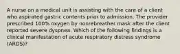 A nurse on a medical unit is assisting with the care of a client who aspirated gastric contents prior to admission. The provider prescribed 100% oxygen by nonrebreather mask after the client reported severe dyspnea. Which of the following findings is a clinical manifestation of acute respiratory distress syndrome (ARDS)?