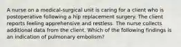 A nurse on a medical-surgical unit is caring for a client who is postoperative following a hip replacement surgery. The client reports feeling apprehensive and restless. The nurse collects additional data from the client. Which of the following findings is an indication of pulmonary embolism?