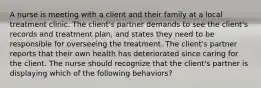 A nurse is meeting with a client and their family at a local treatment clinic. The client's partner demands to see the client's records and treatment plan, and states they need to be responsible for overseeing the treatment. The client's partner reports that their own health has deteriorated since caring for the client. The nurse should recognize that the client's partner is displaying which of the following behaviors?