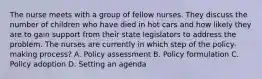 The nurse meets with a group of fellow nurses. They discuss the number of children who have died in hot cars and how likely they are to gain support from their state legislators to address the problem. The nurses are currently in which step of the policy-making process? A. Policy assessment B. Policy formulation C. Policy adoption D. Setting an agenda