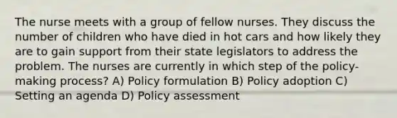 The nurse meets with a group of fellow nurses. They discuss the number of children who have died in hot cars and how likely they are to gain support from their state legislators to address the problem. The nurses are currently in which step of the policy-making process? A) Policy formulation B) Policy adoption C) Setting an agenda D) Policy assessment