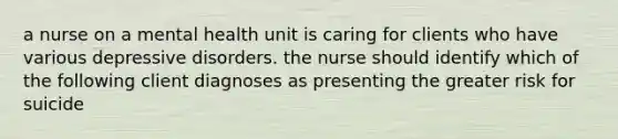 a nurse on a mental health unit is caring for clients who have various depressive disorders. the nurse should identify which of the following client diagnoses as presenting the greater risk for suicide