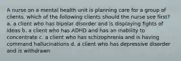 A nurse on a mental health unit is planning care for a group of clients. which of the following clients should the nurse see first? a. a client who has bipolar disorder and is displaying fights of ideas b. a client who has ADHD and has an inability to concentrate c. a client who has schizophrenia and is having command hallucinations d. a client who has depressive disorder and is withdrawn