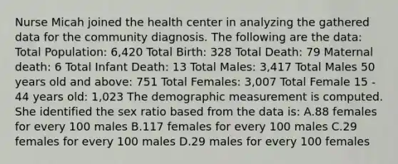 Nurse Micah joined the health center in analyzing the gathered data for the community diagnosis. The following are the data: Total Population: 6,420 Total Birth: 328 Total Death: 79 Maternal death: 6 Total Infant Death: 13 Total Males: 3,417 Total Males 50 years old and above: 751 Total Females: 3,007 Total Female 15 - 44 years old: 1,023 The demographic measurement is computed. She identified the sex ratio based from the data is: A.88 females for every 100 males B.117 females for every 100 males C.29 females for every 100 males D.29 males for every 100 females