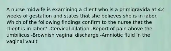 A nurse midwife is examining a client who is a primigravida at 42 weeks of gestation and states that she believes she is in labor. Which of the following findings confirm to the nurse that the client is in labor? -Cervical dilation -Report of pain above the umbilicus -Brownish vaginal discharge -Amniotic fluid in the vaginal vault