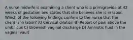 A nurse midwife is examining a client who is a primigravida at 42 weeks of gestation and states that she believes she is in labor. Which of the following findings confirm to the nurse that the client is in labor? A) Cervical dilation B) Report of pain above the umbilicus C) Brownish vaginal discharge D) Amniotic fluid in the vaginal vault