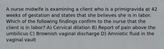 A nurse midwife is examining a client who is a primigravida at 42 weeks of gestation and states that she believes she is in labor. Which of the following findings confirm to the nurse that the client is in labor? A) Cervical dilation B) Report of pain above the umbilicus C) Brownish vaginal discharge D) Amniotic fluid in the vaginal vault