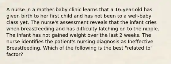 A nurse in a mother-baby clinic learns that a 16-year-old has given birth to her first child and has not been to a well-baby class yet. The nurse's assessment reveals that the infant cries when breastfeeding and has difficulty latching on to the nipple. The infant has not gained weight over the last 2 weeks. The nurse identifies the patient's nursing diagnosis as Ineffective Breastfeeding. Which of the following is the best "related to" factor?