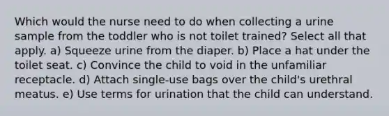 Which would the nurse need to do when collecting a urine sample from the toddler who is not toilet trained? Select all that apply. a) Squeeze urine from the diaper. b) Place a hat under the toilet seat. c) Convince the child to void in the unfamiliar receptacle. d) Attach single-use bags over the child's urethral meatus. e) Use terms for urination that the child can understand.