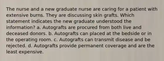 The nurse and a new graduate nurse are caring for a patient with extensive burns. They are discussing skin grafts. Which statement indicates the new graduate understood the information? a. Autografts are procured from both live and deceased donors. b. Autografts can placed at the bedside or in the operating room. c. Autografts can transmit disease and be rejected. d. Autografts provide permanent coverage and are the least expensive.