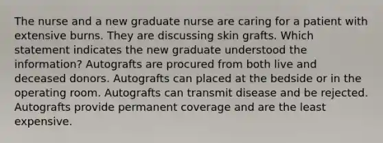 The nurse and a new graduate nurse are caring for a patient with extensive burns. They are discussing skin grafts. Which statement indicates the new graduate understood the information? Autografts are procured from both live and deceased donors. Autografts can placed at the bedside or in the operating room. Autografts can transmit disease and be rejected. Autografts provide permanent coverage and are the least expensive.